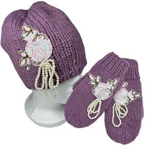 Anthropologie Beanie Hat & Mittens Set Knit Purple Floral Pearls Applique